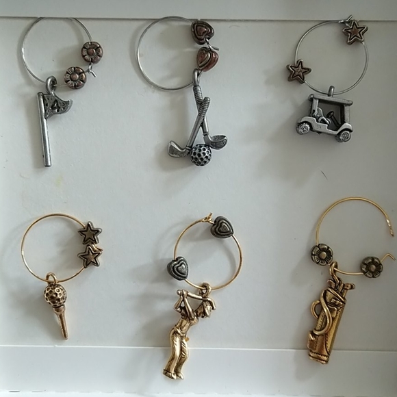 Golf🍷WINE Glass Charms ⛳ 6 gold & silver tone - Picture 1 of 8
